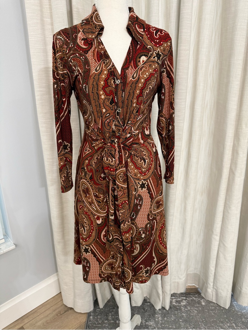 Tommy Hilfiger Red and Brown Paisley Long Sleeve Dress